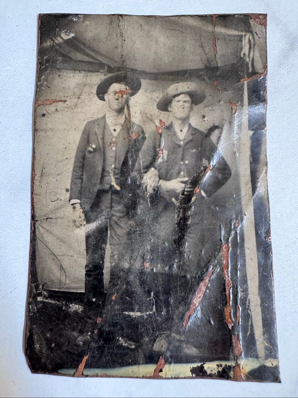Antique metal tin photograph couple cowboys black white Ferrotype tintype iron s